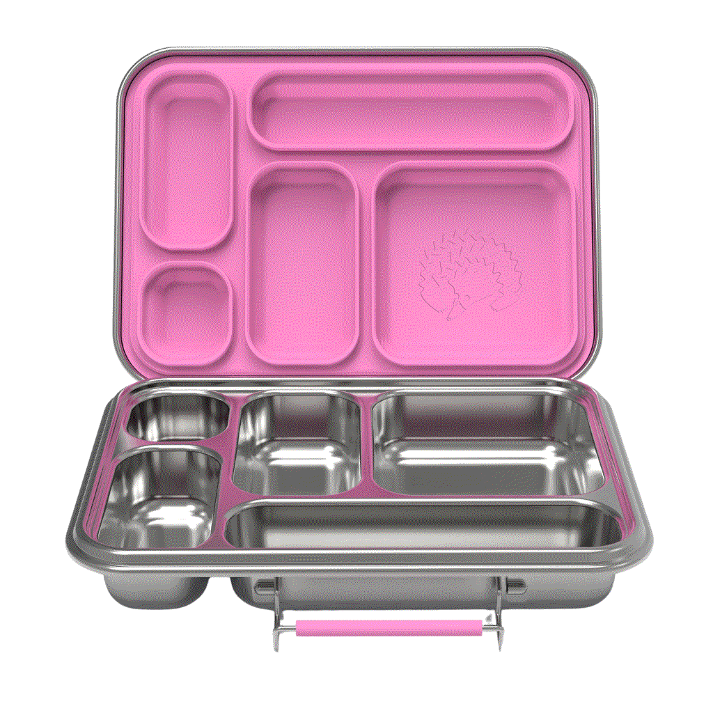 Oli Eve Stainless Steel Bento 5 Kids Lunchbox in Pink Galah with five compartments and removable silicone inserts
