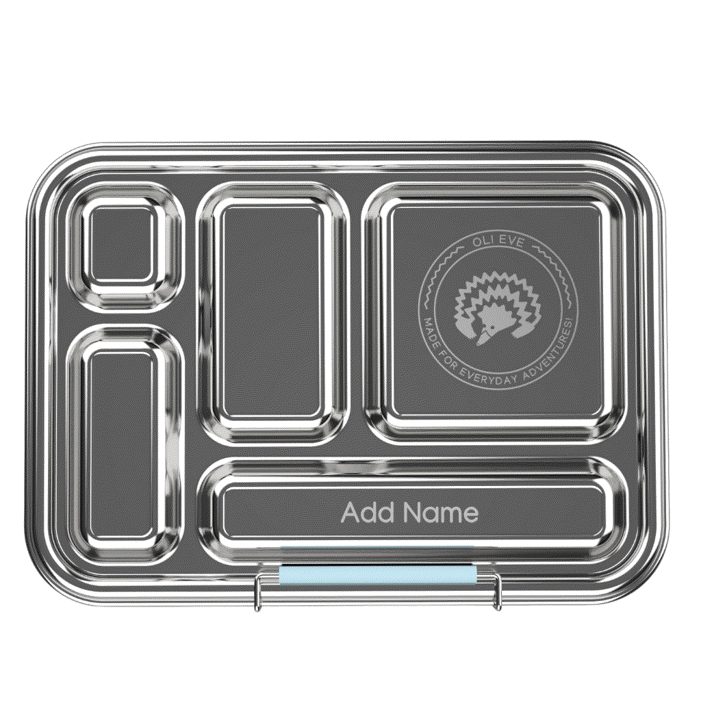 Oli Eve Bento 5 and Bento Go stainless steel lunchbox bundle in Sea Spray with five compartments and snack box for school meals