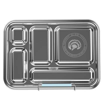 Oli Eve Bento 5 stainless steel lunchbox and Bento Go snack box bundle in Sea Spray color with five compartments for school lunch and two snack compartments.