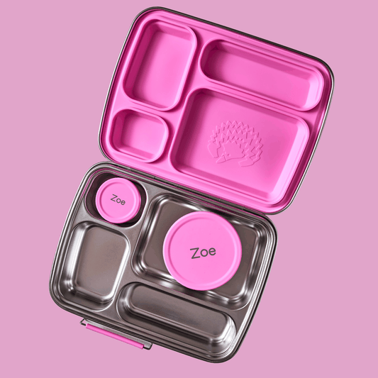 Pink Stainless Steel Bento 4 lunchbox with matching leak-proof snack pots for kids' school lunches