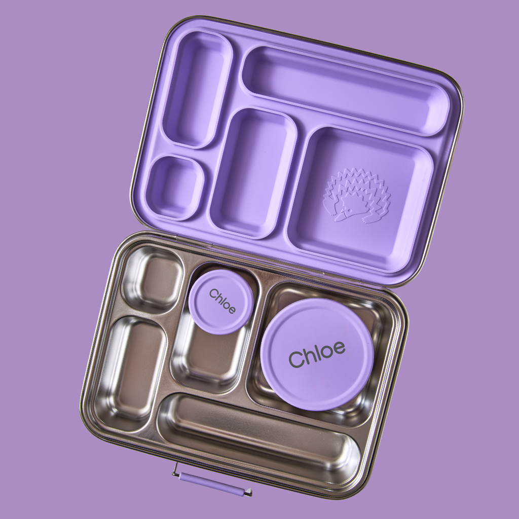 Stainless steel Bento 5 lunchbox with matching leak-proof snack pots